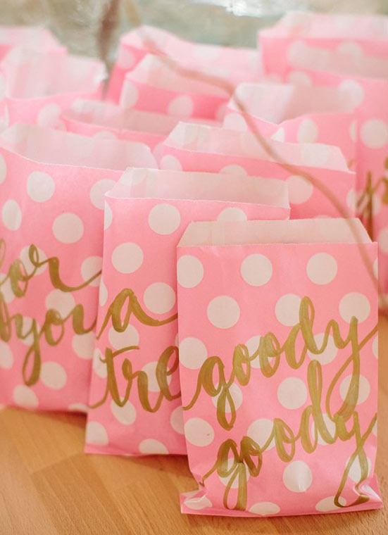 pink and gold favor bags