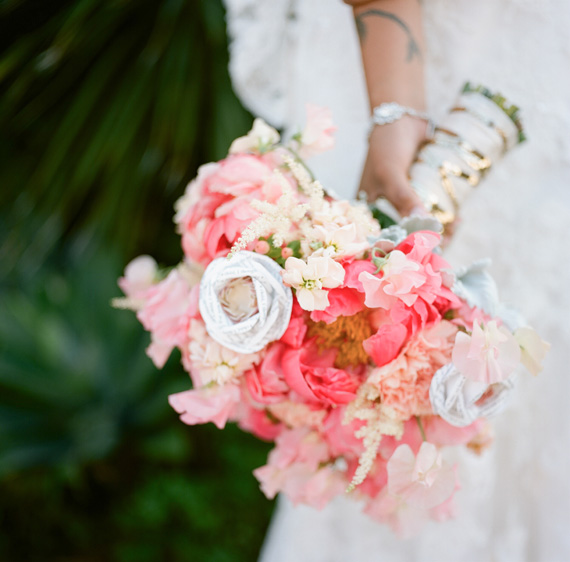 pretty bridal bouquet with paper flowers | photo by The Why We Love | 100 Layer Cake