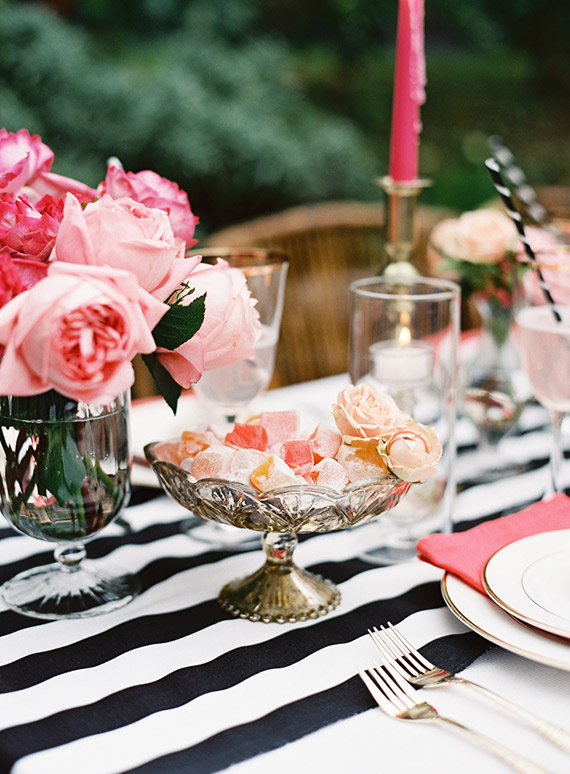 Pink, black and gold dinner party | Flowers by Finch & Thistle Event Design | Photo by Scott and Ashlee of O'Malley Photographers | Read more -  https://www.100layercake.com/blog/?p=66281
