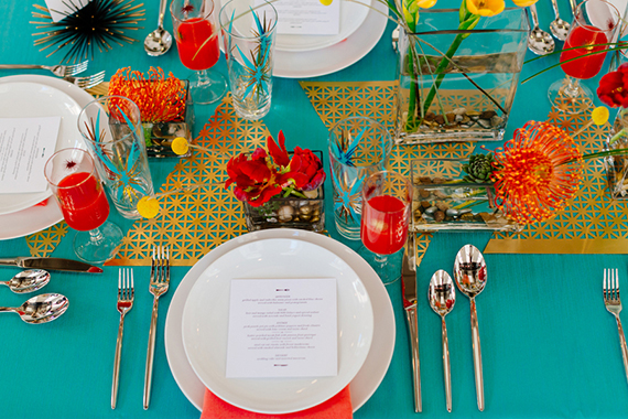 Modern aqua and orange wedding ideas | Photo by Mary Wyar | Concept design by Modernly Events Florals | Read more - https://www.100layercake.com/blog/?p=74300