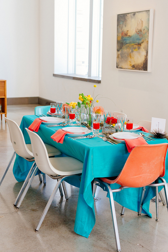 Modern aqua and orange wedding ideas | Photo by Mary Wyar | Concept design by Modernly Events Florals | Read more - https://www.100layercake.com/blog/?p=74300