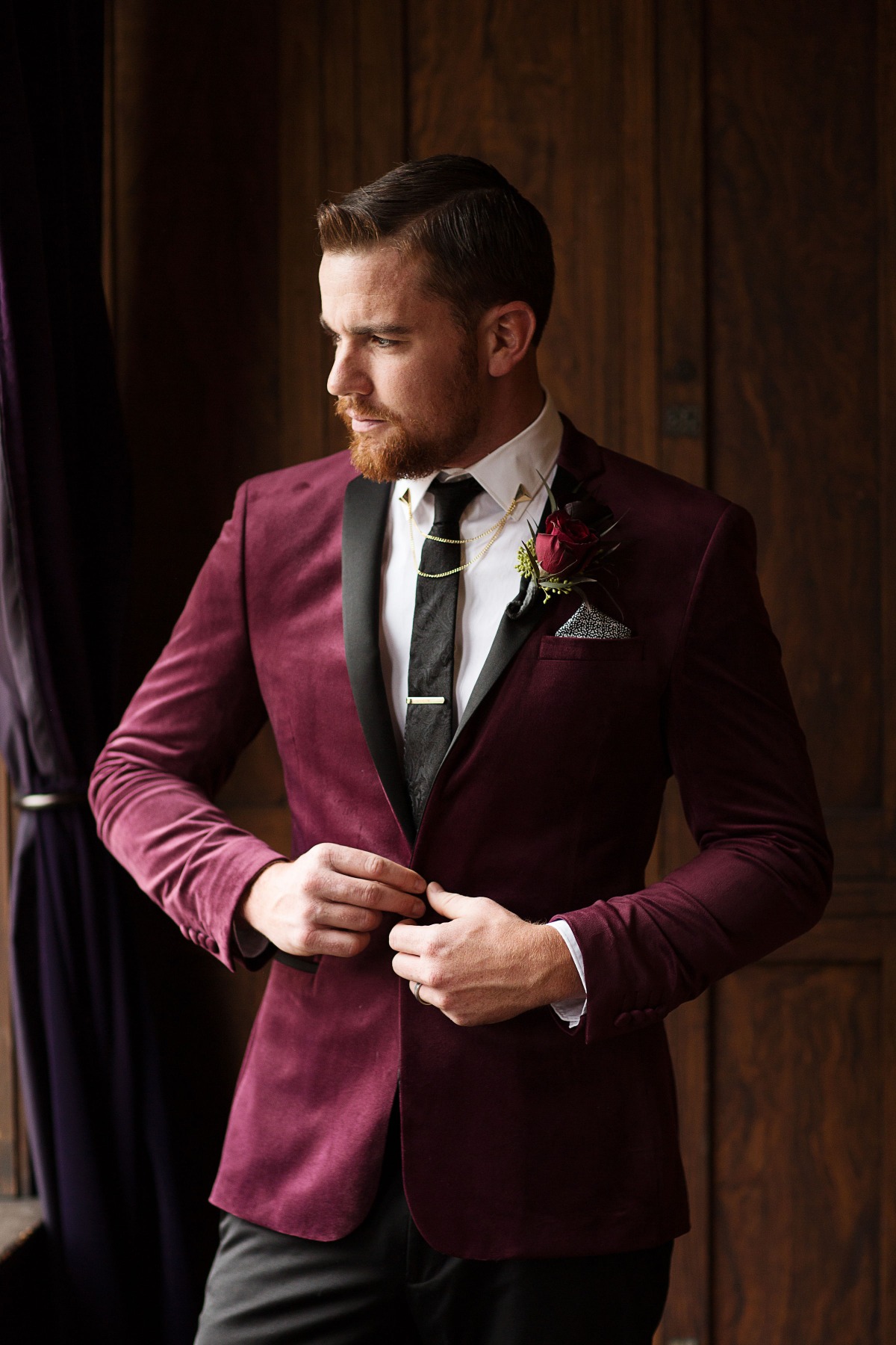 Burgundy groom's suit for fall