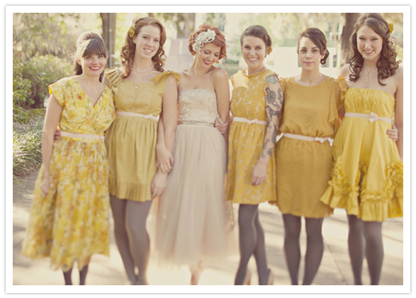 vintage-mustard-yellow-bridesmaid-dresses-with-gray-tights