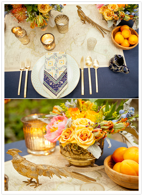 bright orange, navy blue, and vibrant pink tablescape
