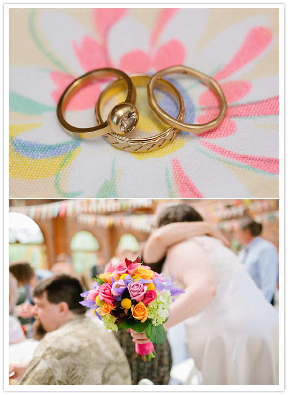 gold wedding rings and colorful bouquet