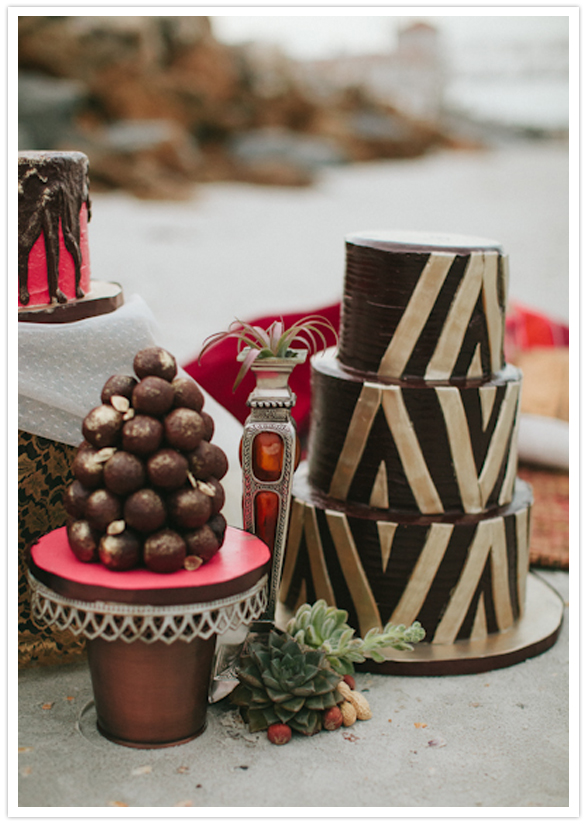 gold chevron decorated chocolate wedding cake