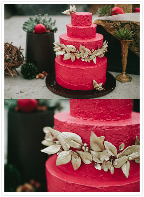 hot pink and gold floral adorned wedding cake