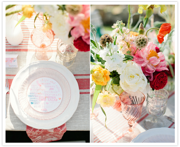 vibrant floral arrangements and dinnerware 