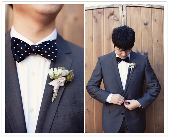 groom's black and white polka dot bow tie