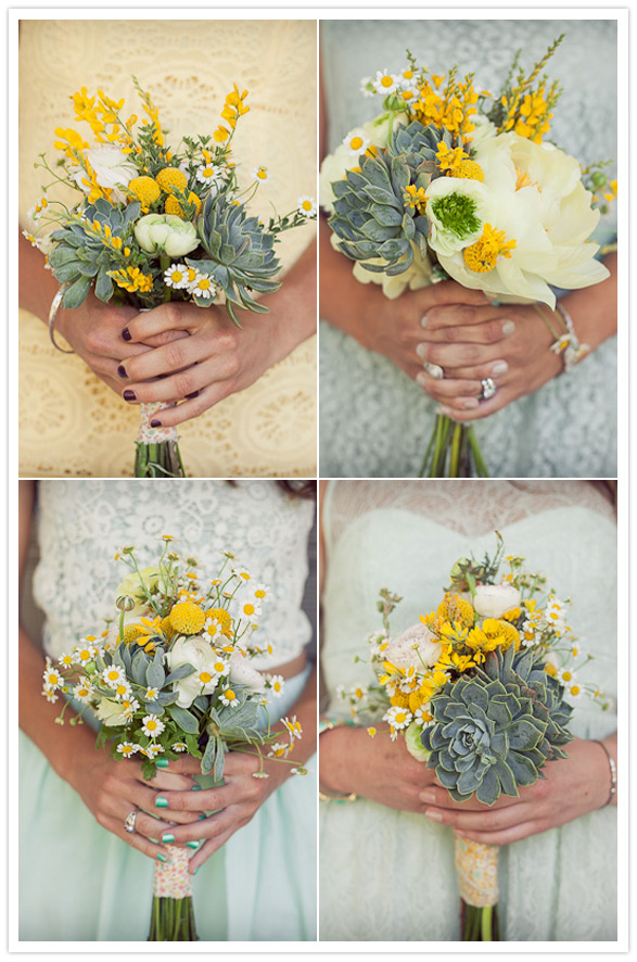 yellow, white and succulent bouquets