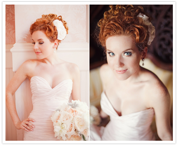 classic wedding up-do with white floral embellishment