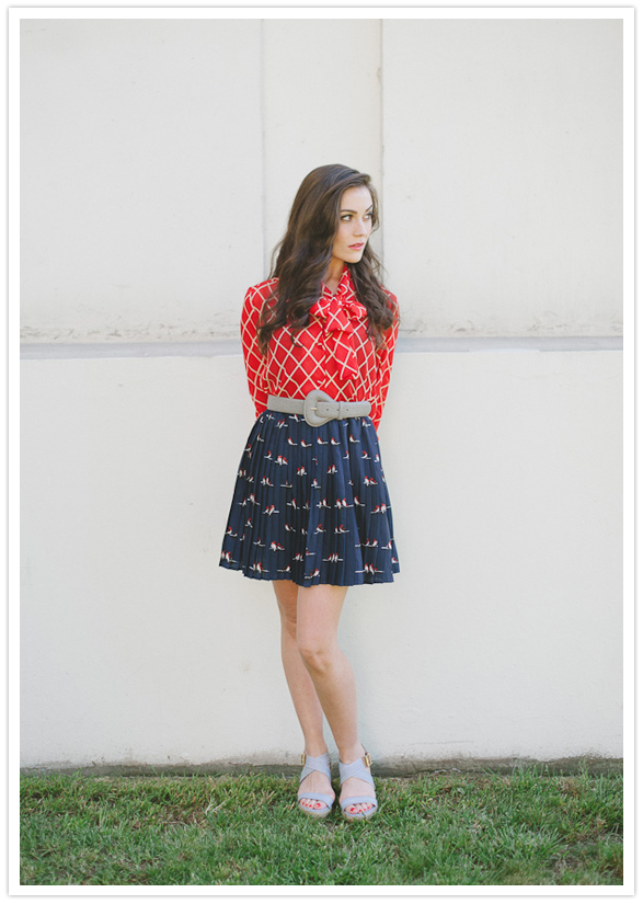 vintage red blouse and forever21 blue skirt