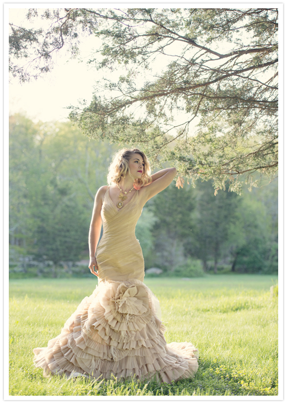 beige ruffled mermaid wedding dress