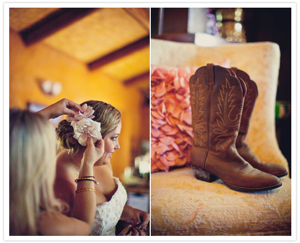 floral hair decoration and cowboy boots