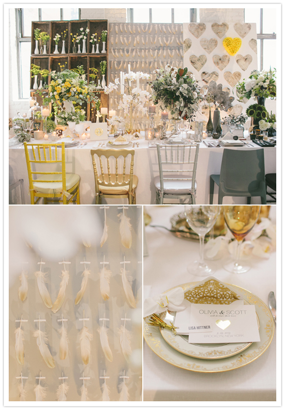 gold wedding accents and hanging feathers