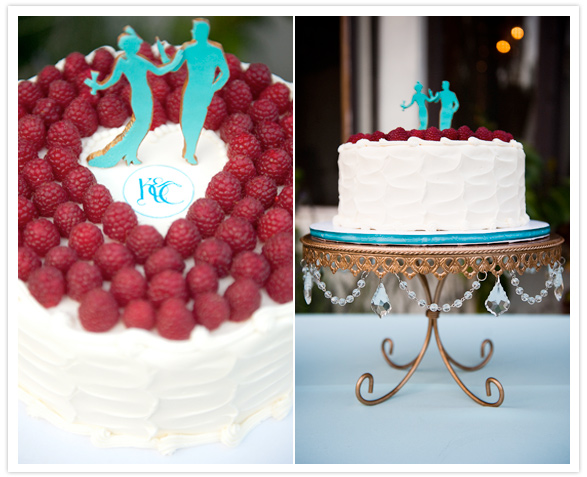 raspberry-topped wedding cake and 20s cake topper