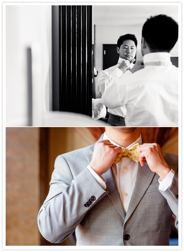 groom's grey suit and yellow bow tie