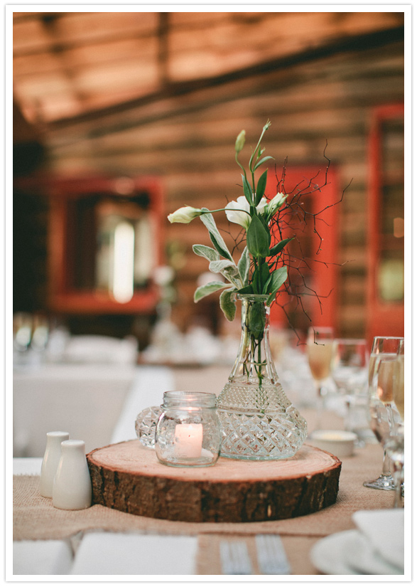 wood platter and crystal vase centerpiece