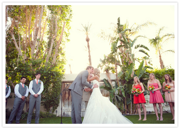 pink and coral tone bridesmaid dresses