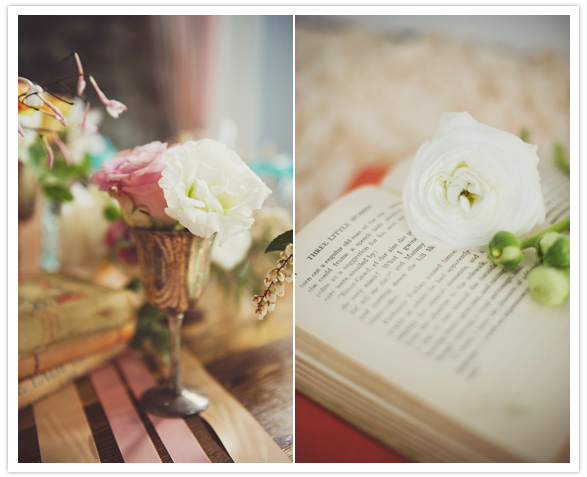 vintage book and florals table decor
