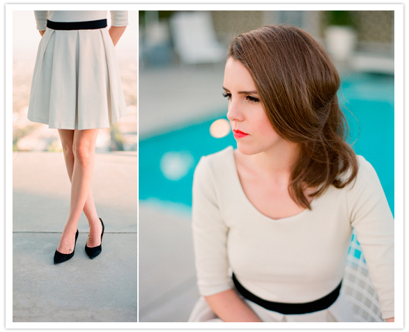 50s classic pleated ivory dress and black heels