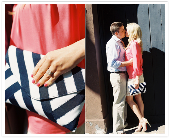 striped clutch and pink blouse