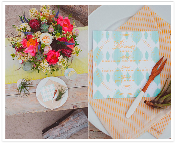 beach wood accents and patterned menu cards