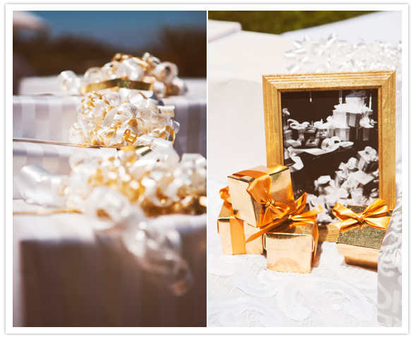 white and gold wrapping paper and mini gold boxes