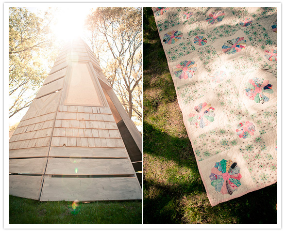 wooden tee pee and quilted blanket