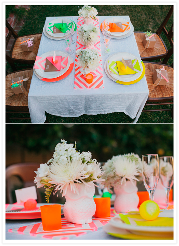 neon table settings and owl vases