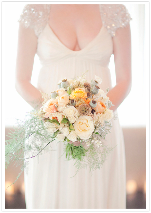 white and peach rose and peony bouquet
