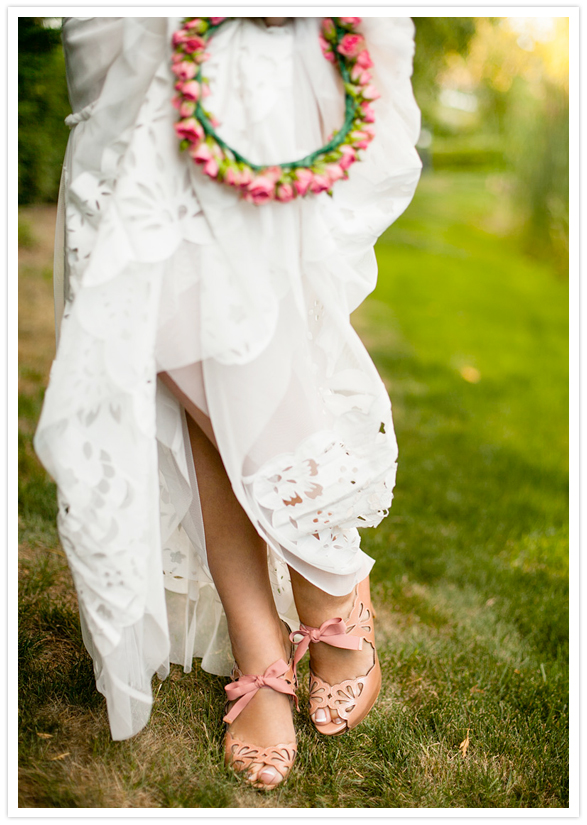 coral eyelet heels and rose crown