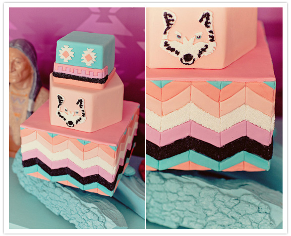 desert shades of chevron and wolf decorated wedding cake