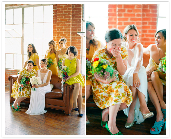 vibrant green and yellow bridesmaid dresses
