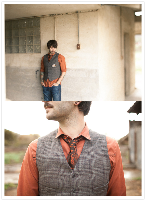 red button-down, tie and tweed vest