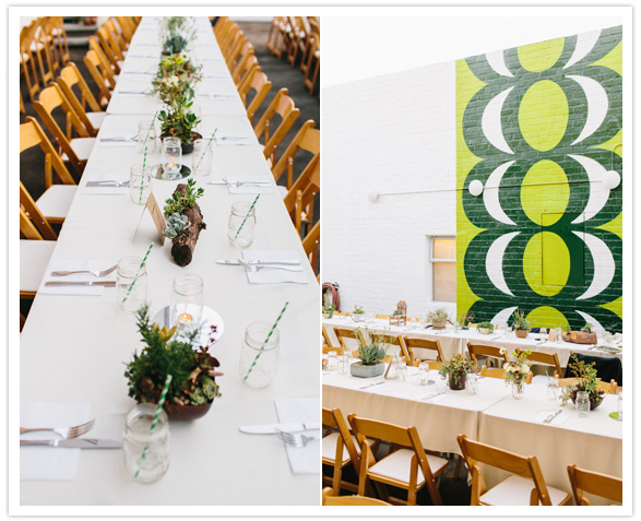 vibrant wall mural and delicate centerpieces