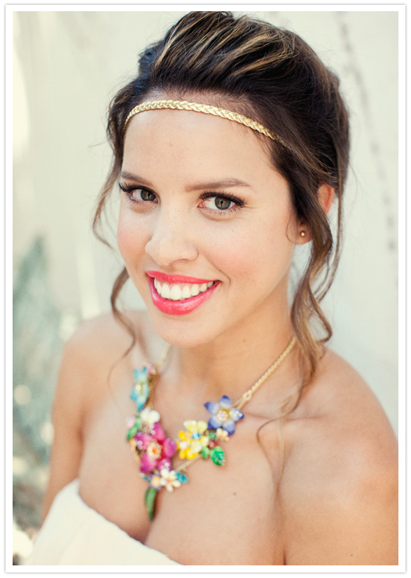 colorful flower necklace and gold braided head band