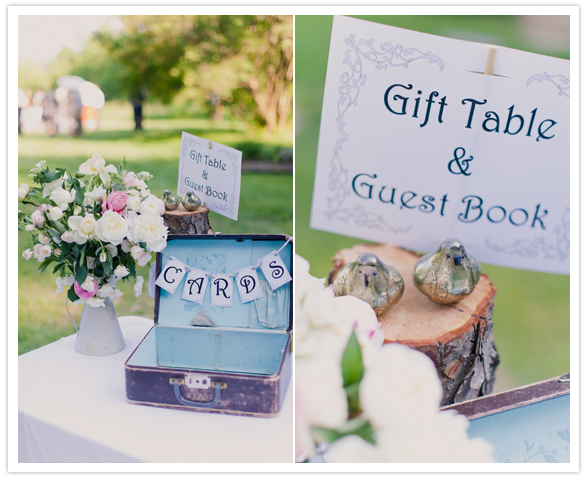 gift table sign and vintage luggage for cards