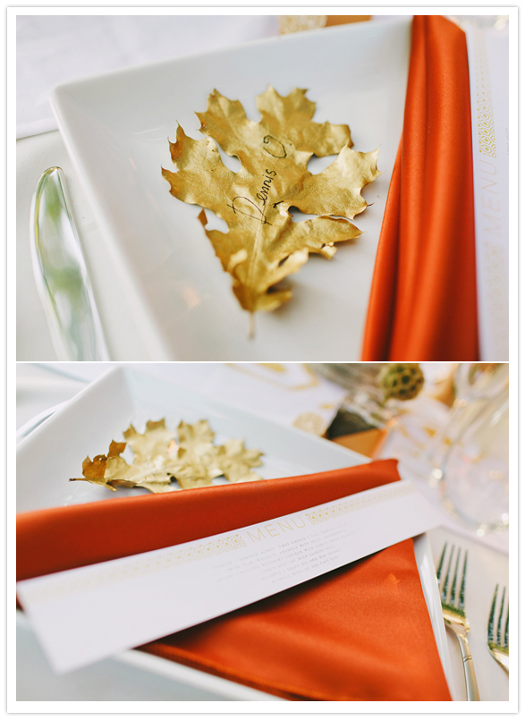 gold painted leaf place card