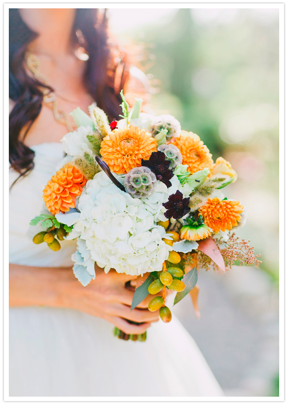 Orange Ball Dahlias, Chocolate Cosmos, Scabiosa Pods, Monkey Tails, White Hydrangea, Lissianthus and Spray Roses bouquet