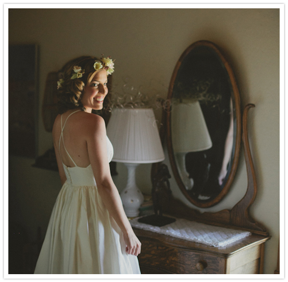 J. Crew wedding dress and delicate floral headpiece