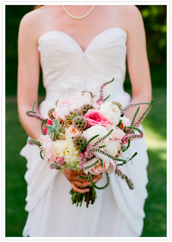 Peonies, cabbage roses, succulents, scabiosa pods, and pink veronica bouquet