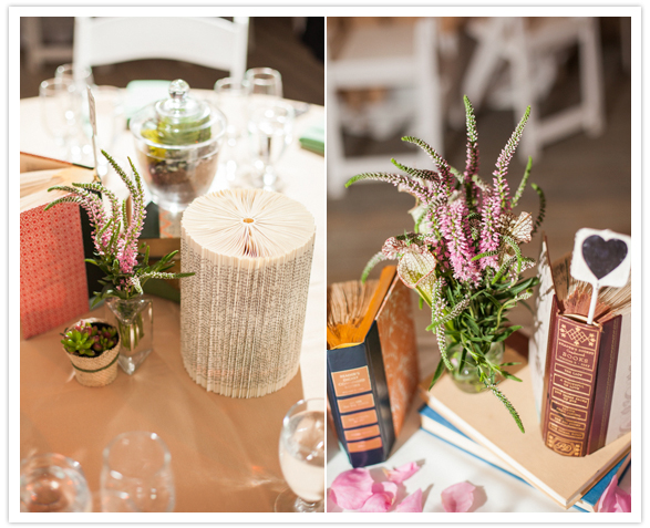 vintage book centerpieces and wild flowers