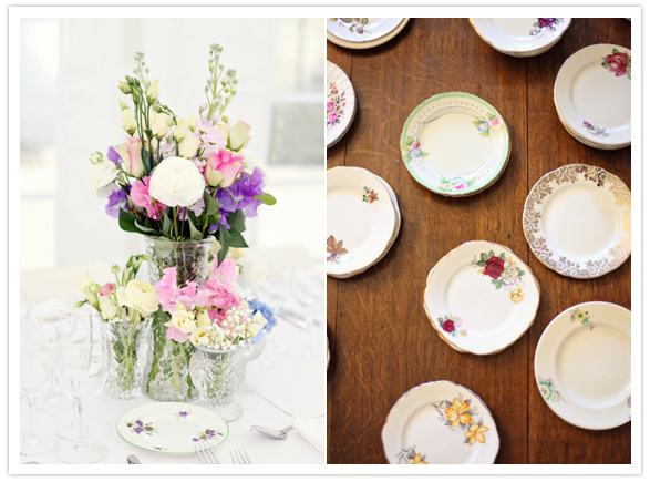 pastel floral centerpieces and floral flatware