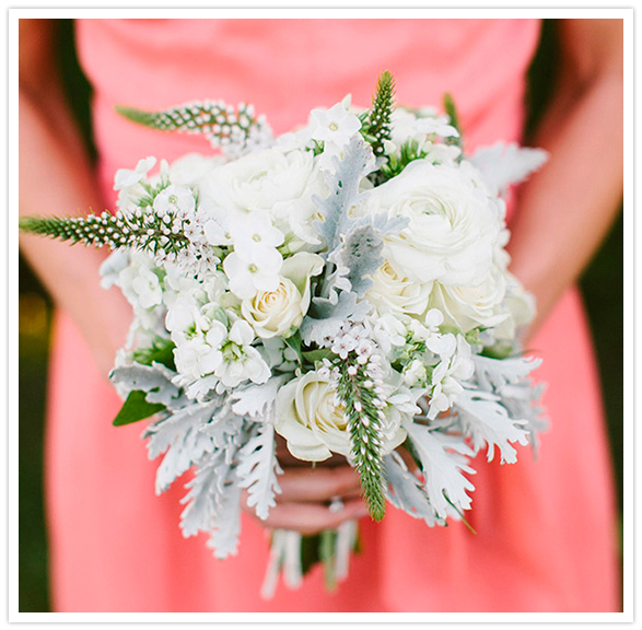 white flowers and lambs ear bridesmaid bouquet