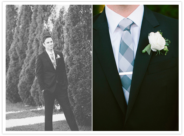 checkered blue tie and simple white boutonniere 