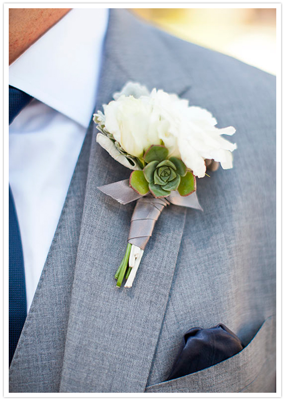 white florals and succulent boutonniere 
