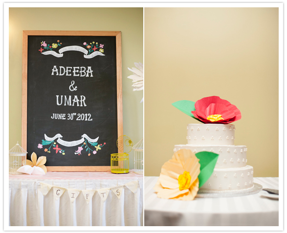 colorful chalkboard sign and paper flower wedding cake accents