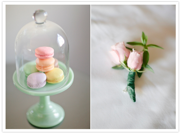 pastel macaroons and simple rose boutonniere 