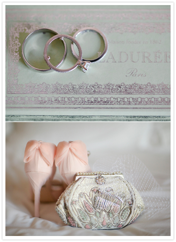 beaded change purse, bird cage veil and pale pink bowed heels